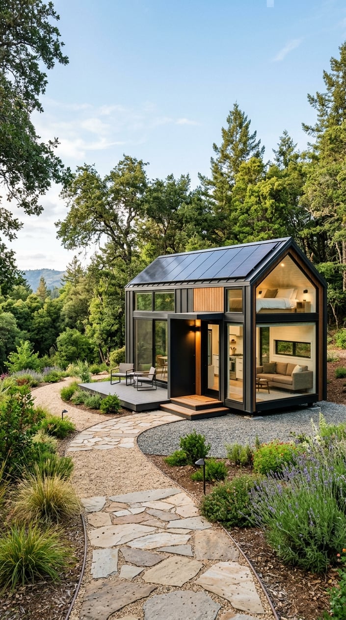 Where To Buy Tesla Tiny House: Official Sources, Pricing, and Availability 7 A modern tiny house with large windows and solar panels set in a green natural area under a clear blue sky.