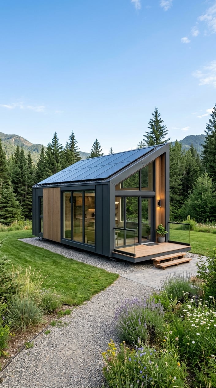 Where To Buy Tesla Tiny House: Official Sources, Pricing, and Availability 8 A modern tiny house with large windows and solar panels surrounded by greenery under a clear sky.
