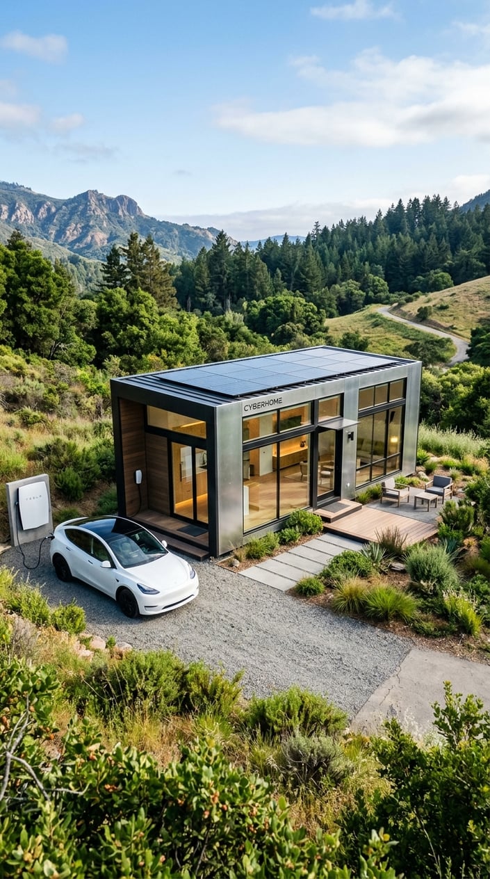 Where To Buy Tesla Tiny House: Official Sources, Pricing, and Availability 9 A modern tiny house with large windows and sleek design set outdoors among greenery under a clear sky.