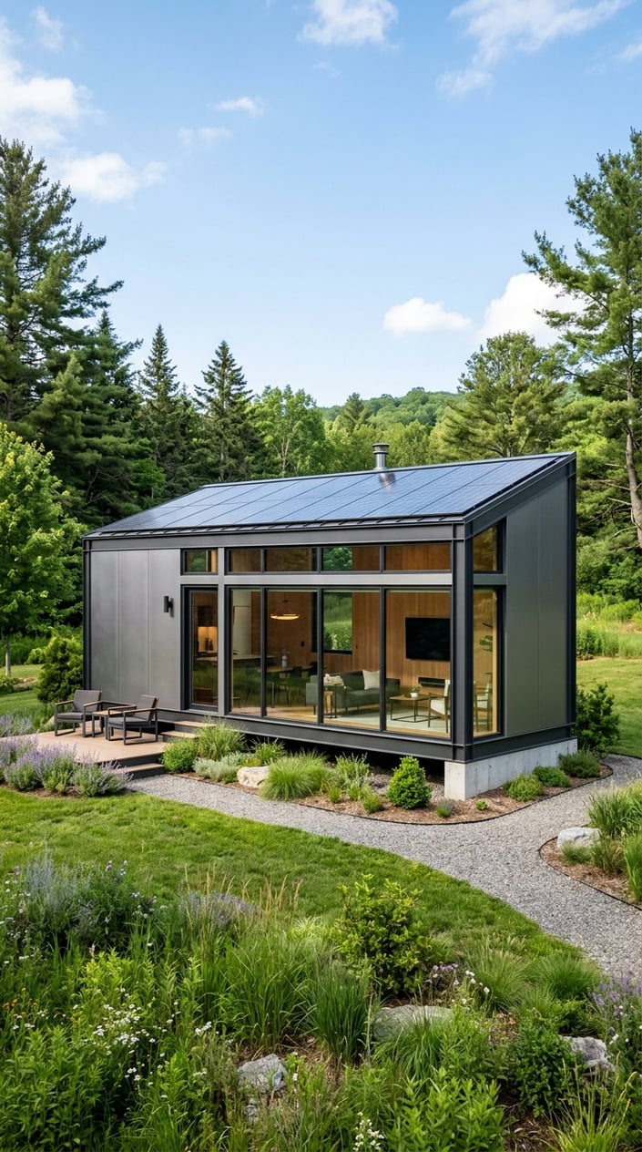 Where To Buy Tesla Tiny House: Official Sources, Pricing, and Availability 10 A modern tiny home with large windows and solar panels set in a green outdoor area under a clear blue sky.