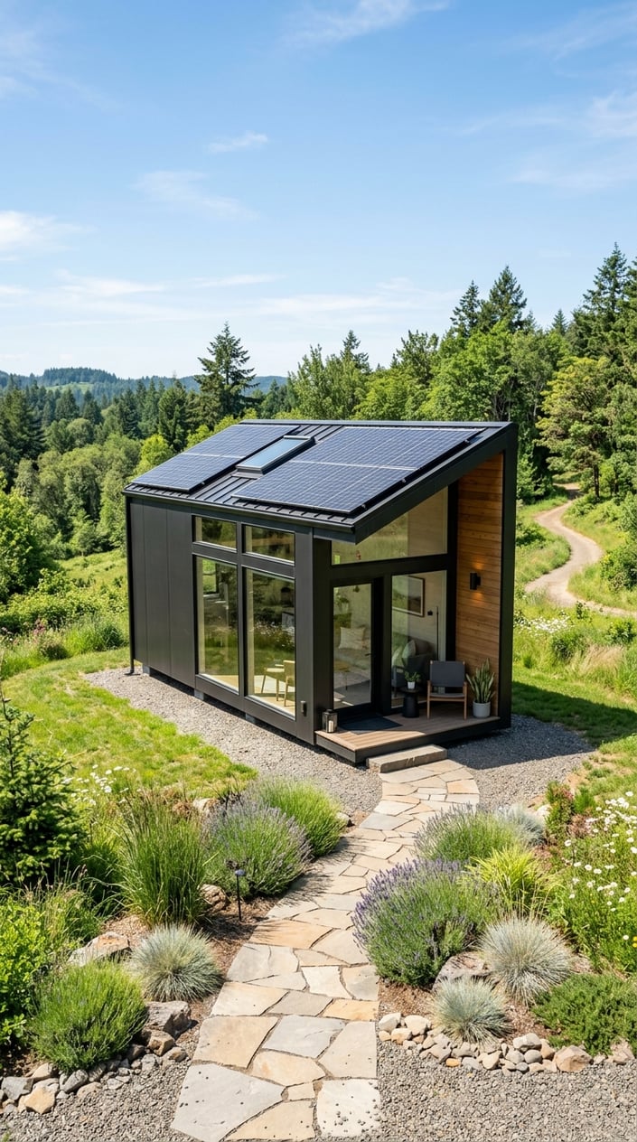 Where To Buy Tesla Tiny House: Official Sources, Pricing, and Availability 11 A modern tiny house with large windows and solar panels set in a green natural environment under a clear sky.