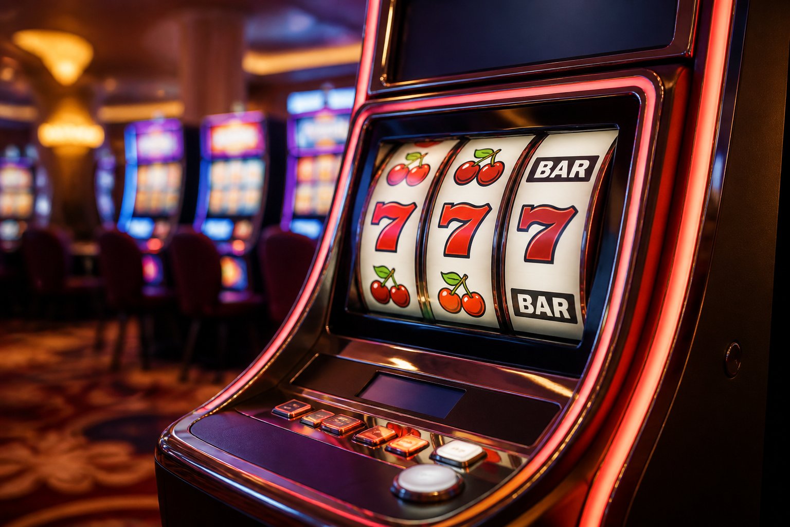 A modern slot machine with colorful reels and bright lights in a casino setting.