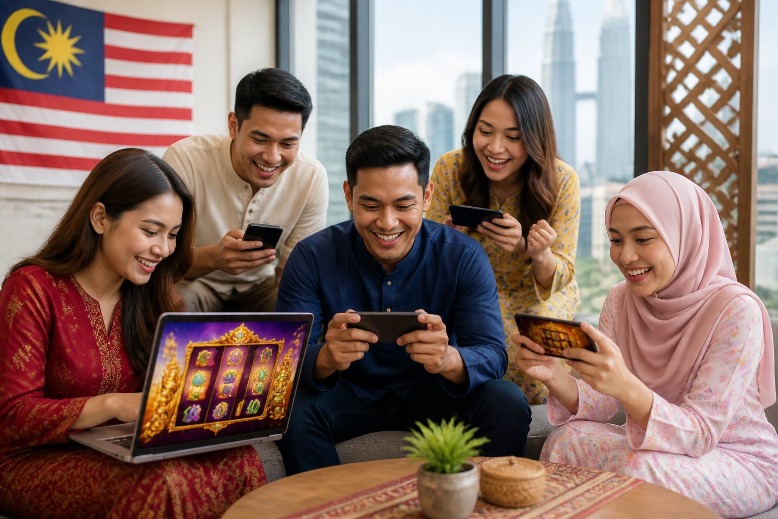 A group of Malaysian adults playing online slot games on laptops and smartphones in a bright, modern room with subtle Malaysian cultural decorations.