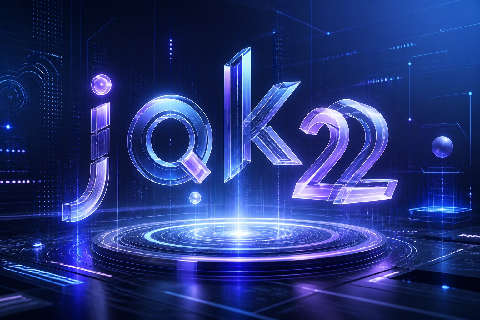 A futuristic digital interface with glowing abstract symbols and holographic elements floating in a high-tech environment.