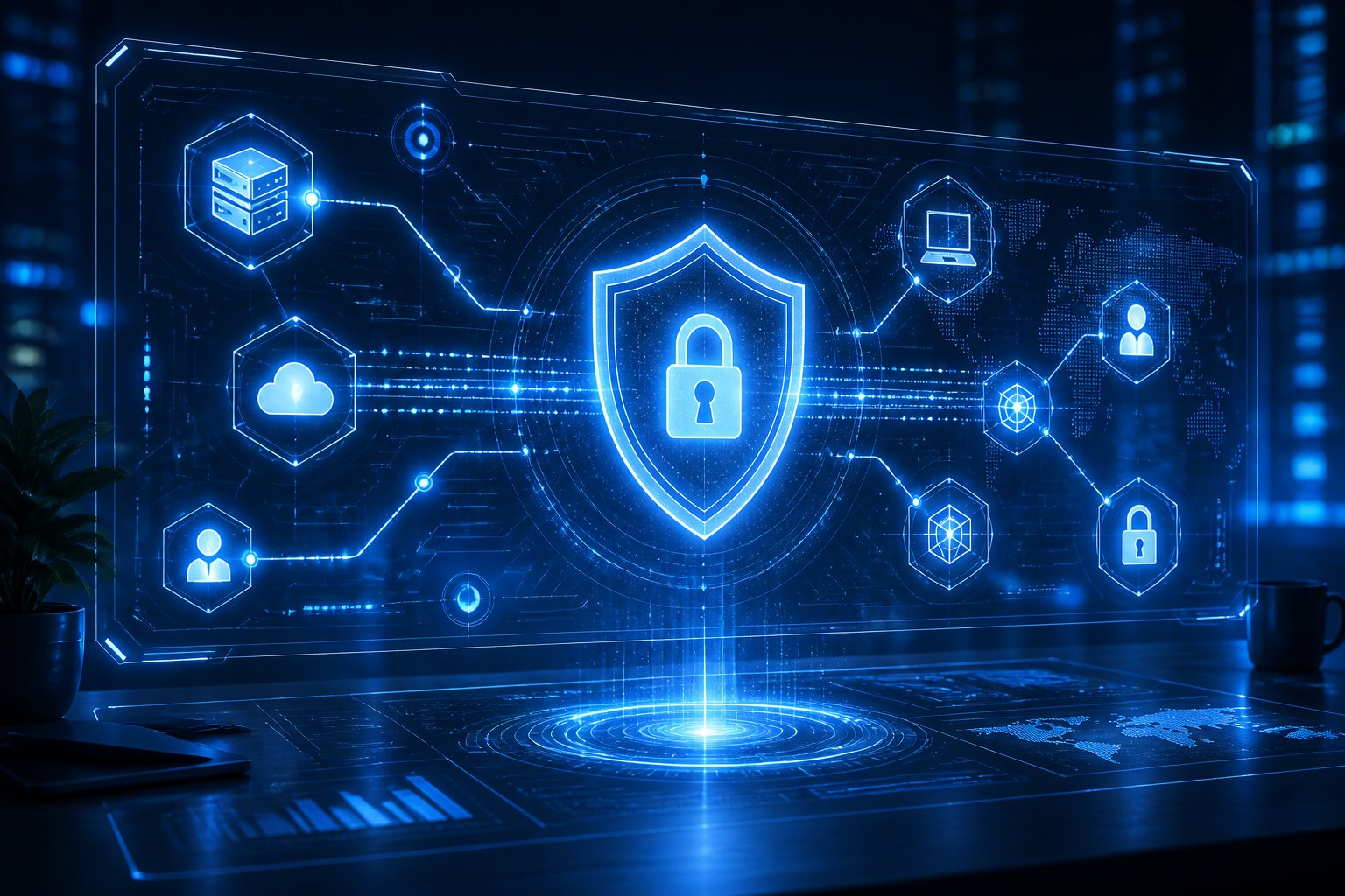 A digital platform interface with interconnected nodes and a glowing shield icon representing security.