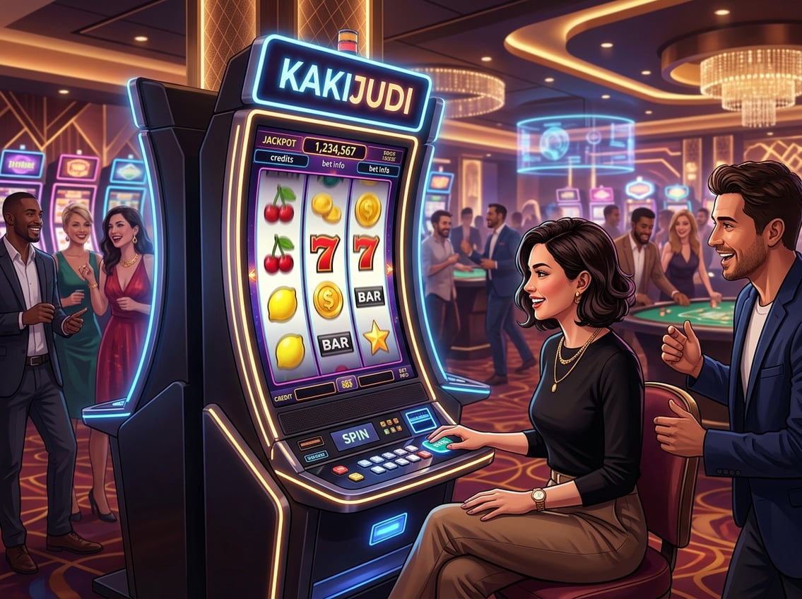 A casino scene showing a digital slot machine with spinning reels and people playing around it.