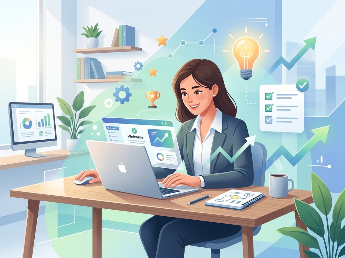 A person working at a laptop surrounded by symbols of learning and progress in a modern workspace.