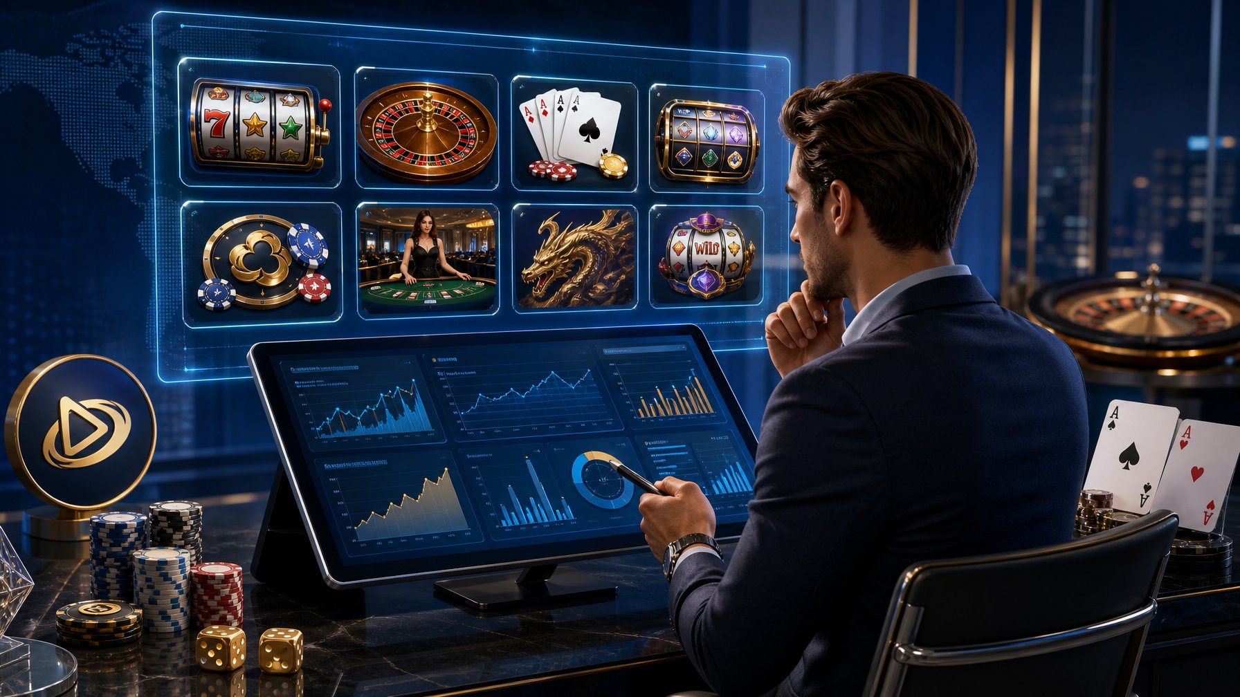 A Business Professional Reviewing Casino Game Icons And Data Charts On A Digital Interface With Casino Elements Like Chips And Cards In The Background.