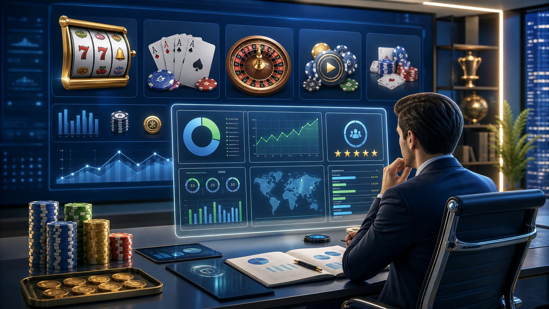 A Business Analyst Reviewing Casino Game Performance Data On A Digital Dashboard Surrounded By CasinoThemed Elements In An Office.