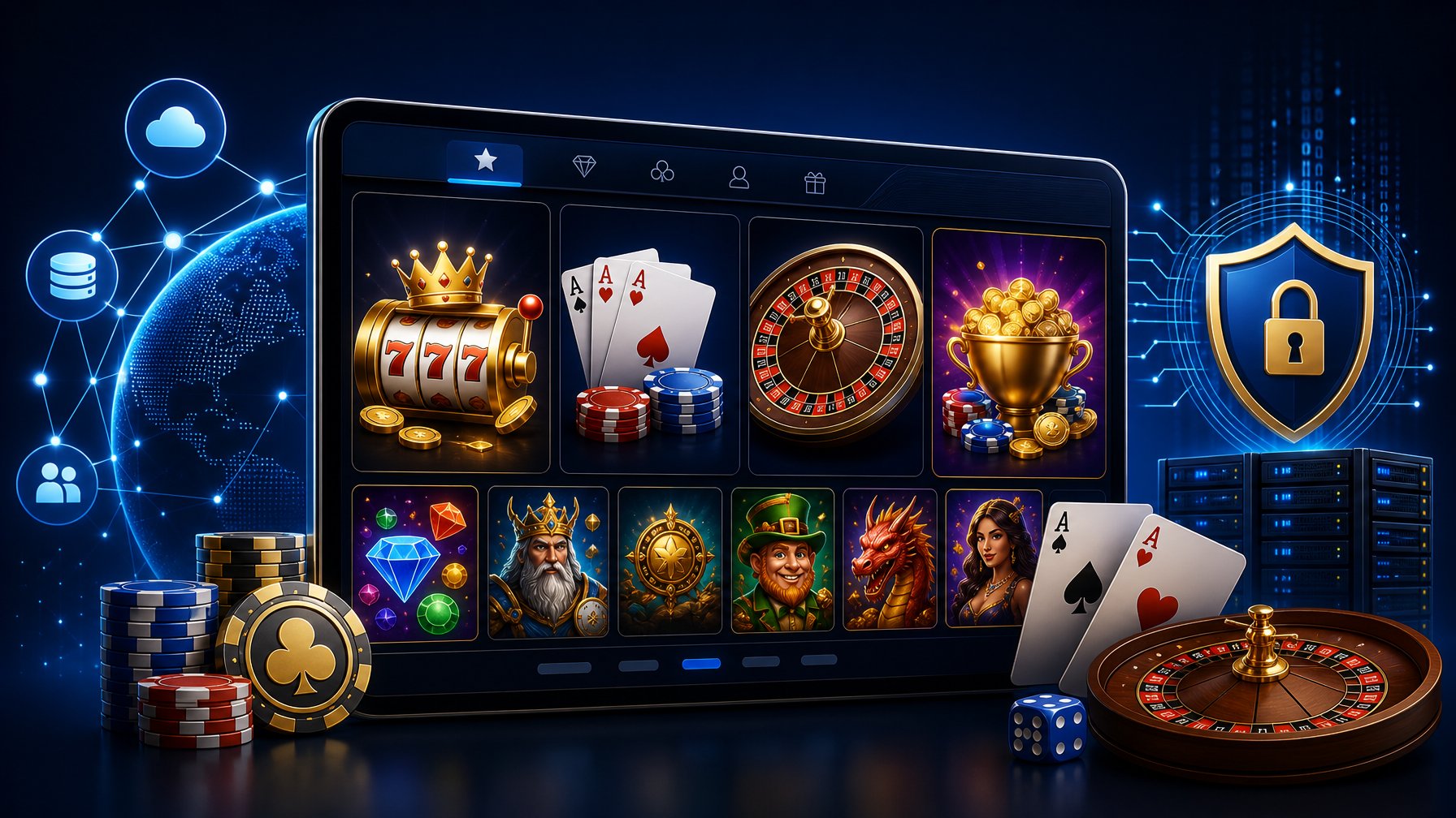 A Digital Interface Displaying Casino Game Icons Like Slots, Poker Cards, And Roulette Wheels, Surrounded By Symbols Representing Technology And Platform Strength.