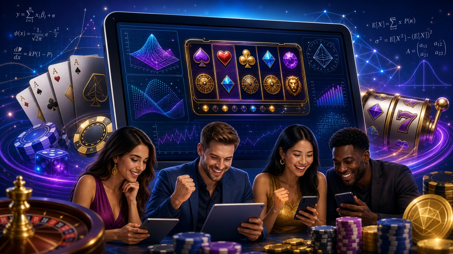 A Group Of People Engaged With A Digital Casino Game Interface Showing Abstract Math Graphs And Game Features Like Spinning Reels And Chips.
