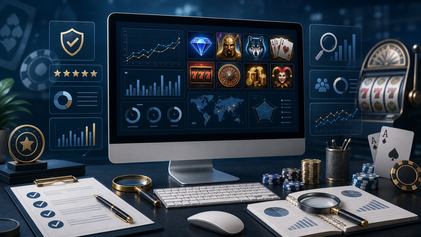 A Modern Workspace With A Computer Displaying Charts And Casino Game Icons, Surrounded By Analysis Tools And CasinoThemed Elements.