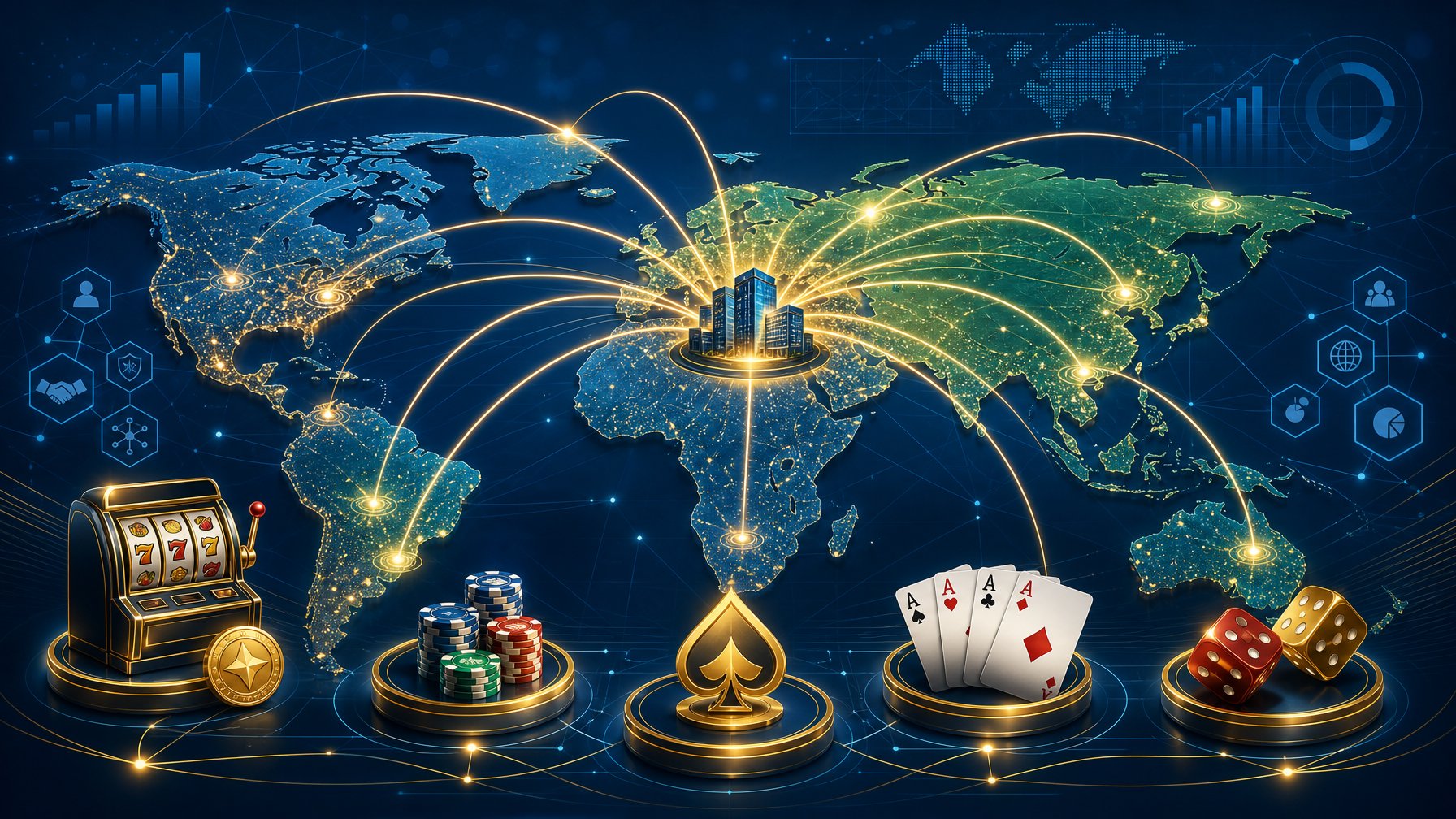 Global Map Showing Connection Lines From A Central Point To Multiple Regions, Surrounded By Casino Game Icons Like Slot Machines, Cards, And Dice, Representing A Casino Game Provider's Market Presence And Distribution Reach.