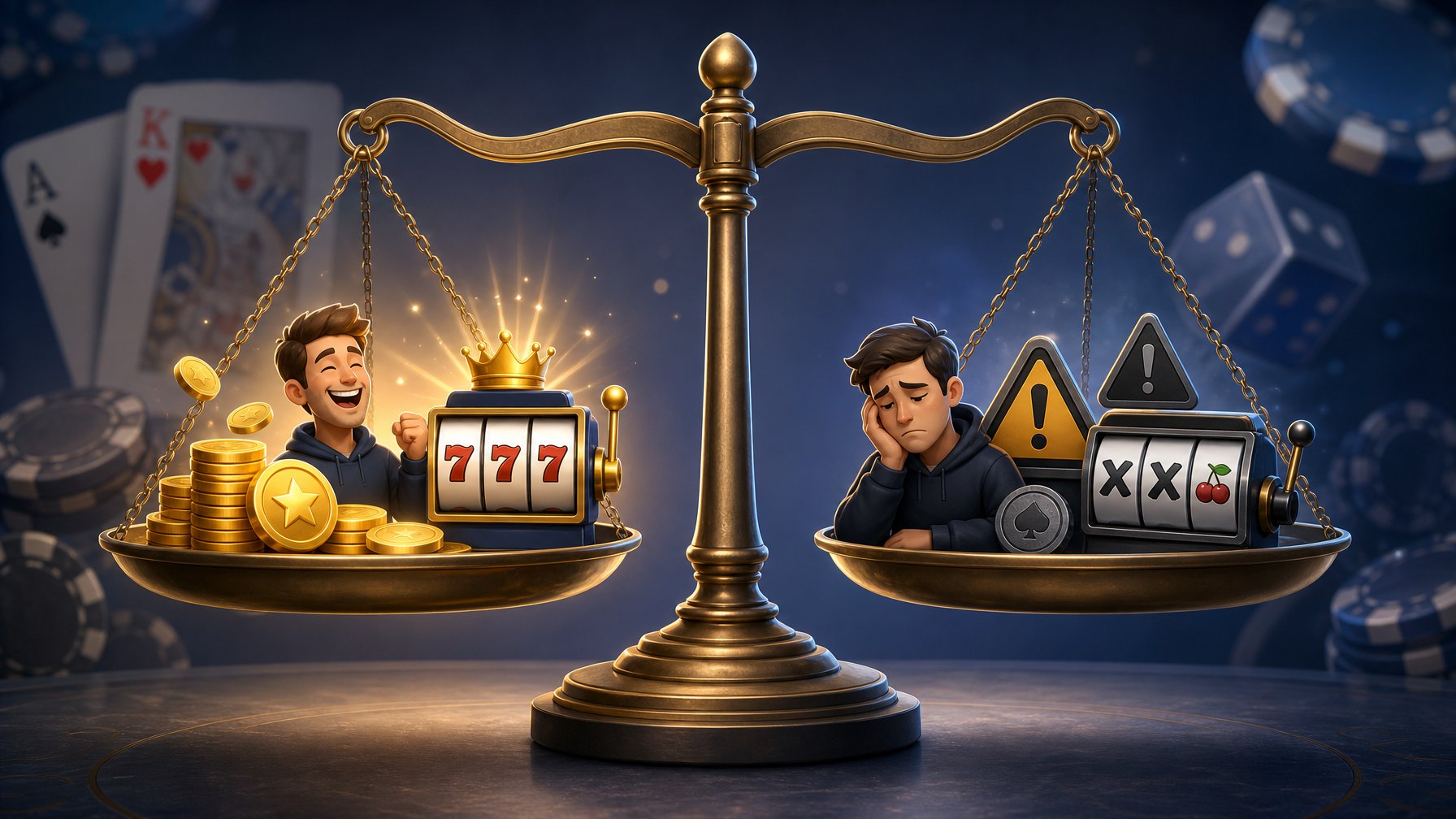 A Balanced Scale Showing Positive And Negative Aspects Of A Casino Game Provider, With Icons Representing Wins And Losses On Either Side.