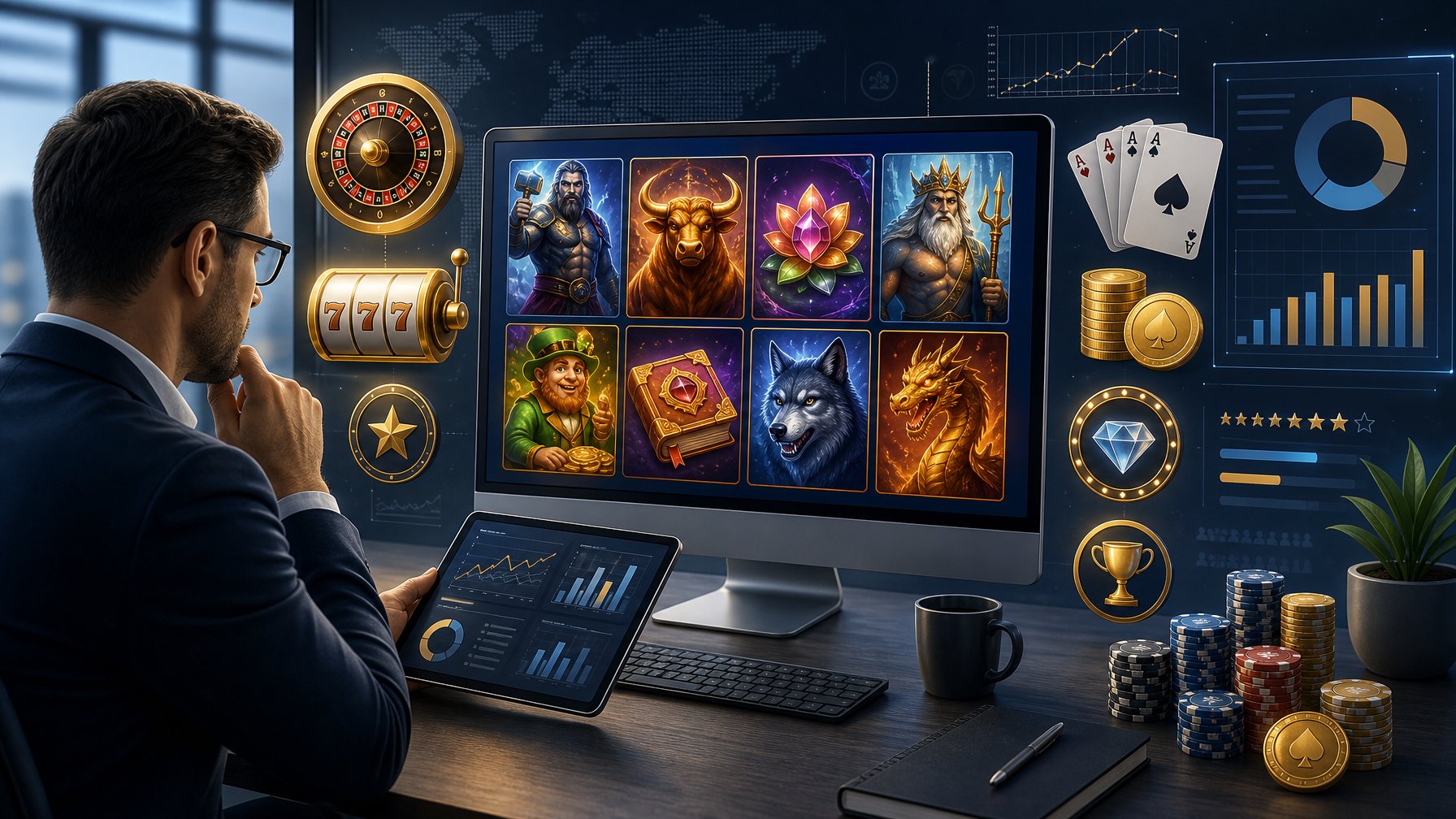 A Person Analyzing Casino Game Graphics And Data On A Computer And Tablet In A Modern Workspace Surrounded By CasinoRelated Icons.