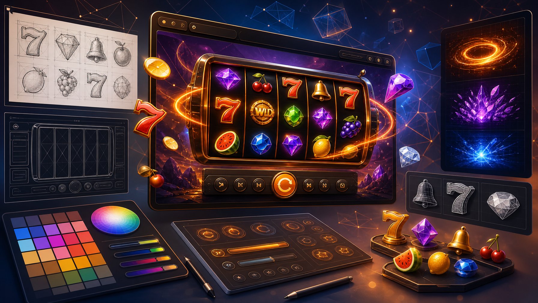 A Digital Interface Showing Casino Game Elements Like Spinning Reels And Symbols, Surrounded By Design Tools And Abstract Shapes Representing Game Mechanics And Creative Design.