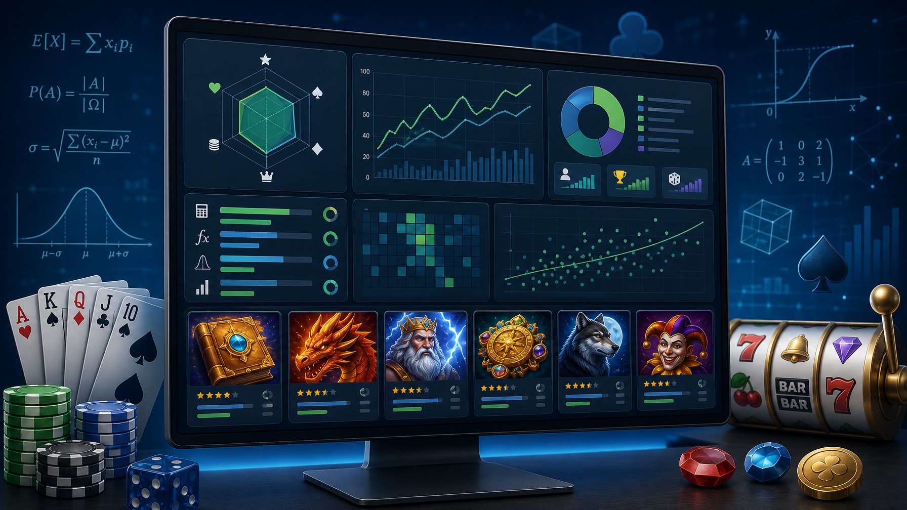 A Computer Monitor Showing Charts And Icons Related To Casino Game Statistics And Math Profiles, Surrounded By Gaming Symbols Like Cards And Slot Machine Icons.