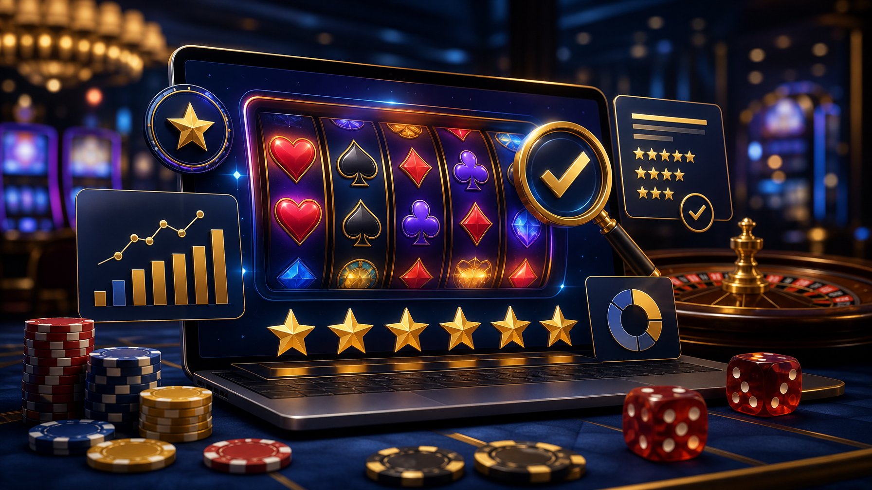 A Computer Screen Showing Colorful Slot Machine Reels And Card Symbols Surrounded By Charts And Casino Elements Like Chips And Dice In A Modern Gaming Lounge.