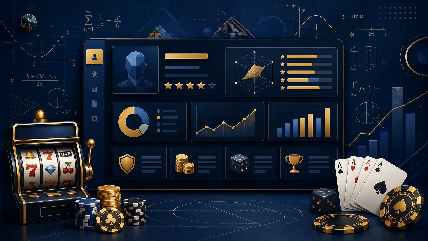 A Modern Scene Showing Casino Game Elements Like Slot Machines And Chips Combined With Abstract Math Symbols And Graphs, Arranged In A Clean, Organized Layout.