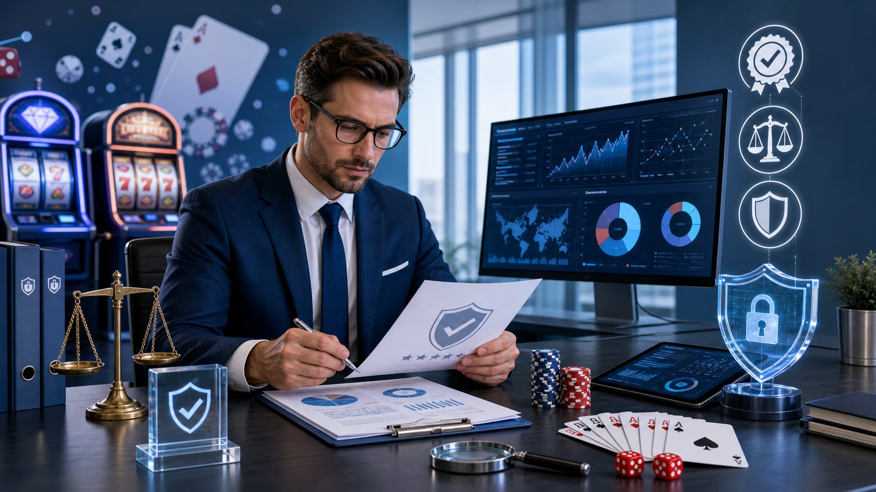 A Business Professional Reviewing Casino Game Data And Certification Symbols In A Modern Office, With Gaming Icons And Security Elements Around Them.