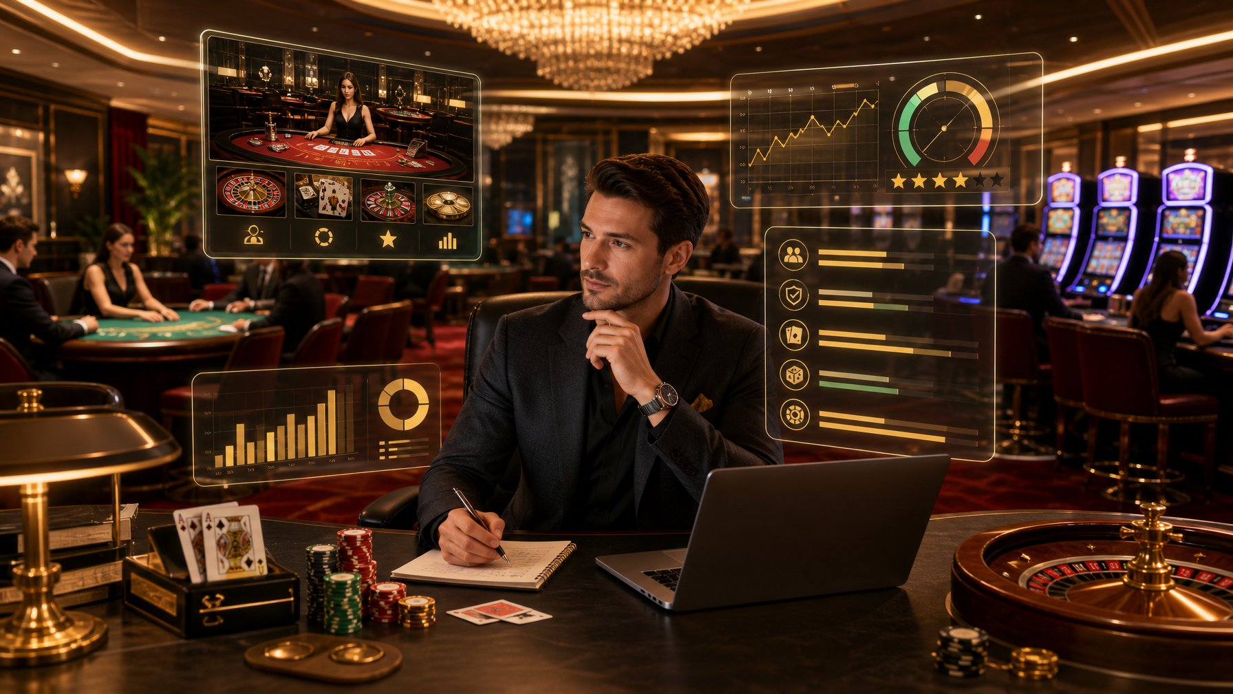 A Person Reviewing Casino Games At A Desk In A Modern Casino Environment With Gaming Tables And Slot Machines Around.