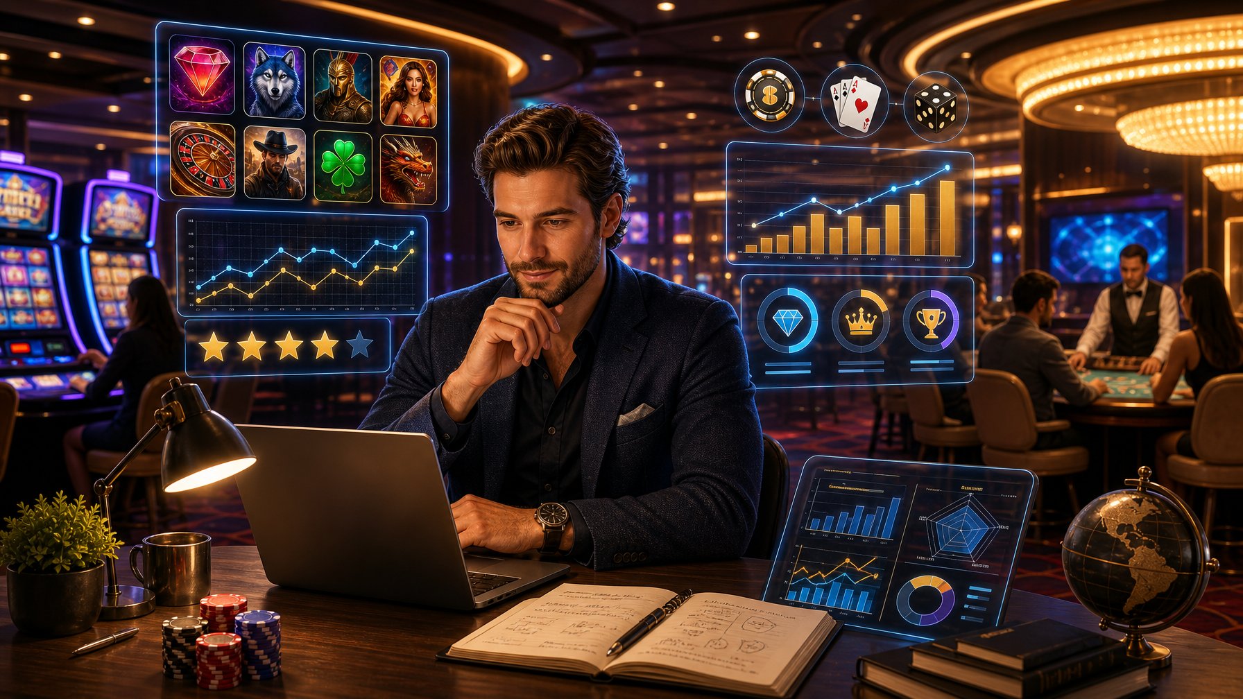 A Person Reviewing Casino Games At A Desk Inside A Modern Casino With Gaming Tables And Slot Machines Around.