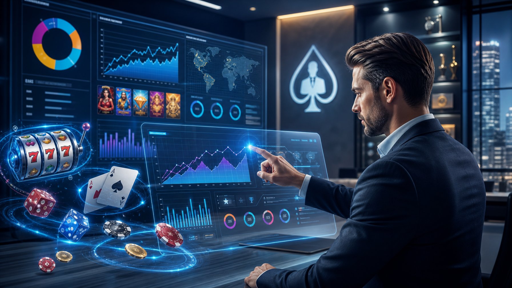 A Business Analyst Reviewing Casino Game Statistics On A Transparent Touchscreen In A Modern Office With Holographic Casino Elements Around.