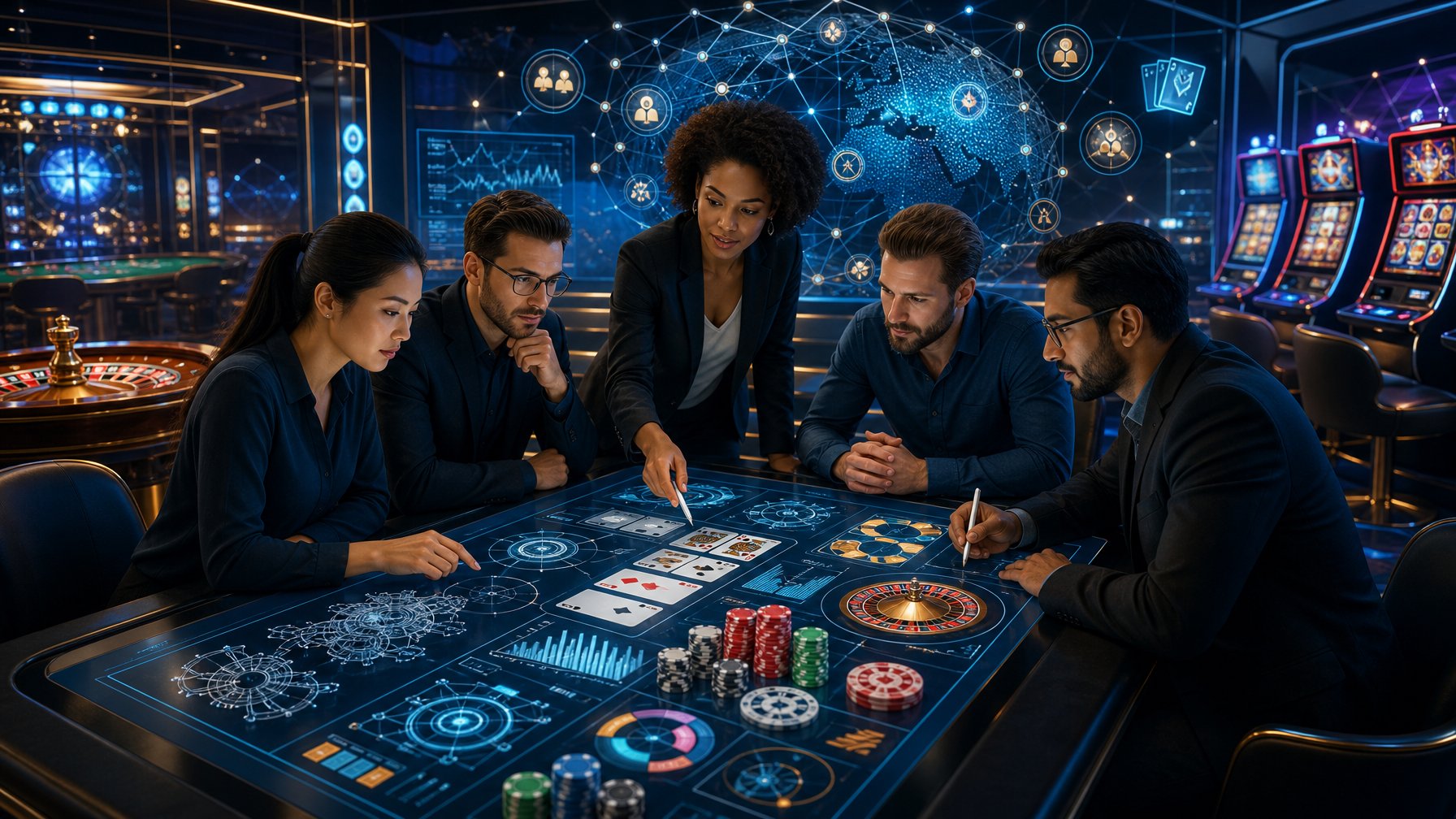 A Group Of Professionals Collaborating Around A Digital Table With Casino Game Elements Like Poker Chips, Cards, And Slot Machines In A Modern Casino Setting.