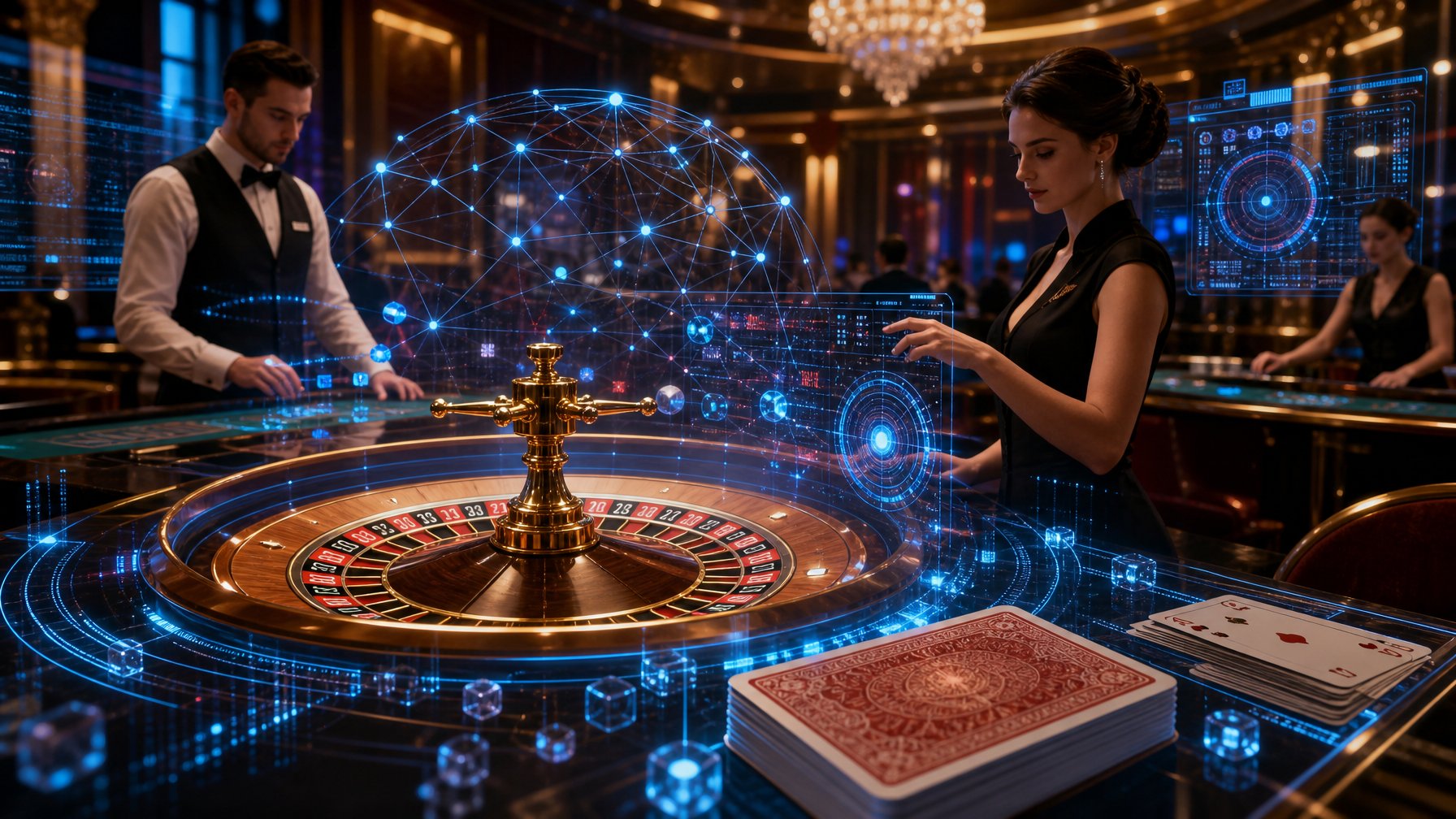 A Casino Scene Showing A Roulette Wheel And Cards With Digital Holograms And Casino Dealers In The Background.