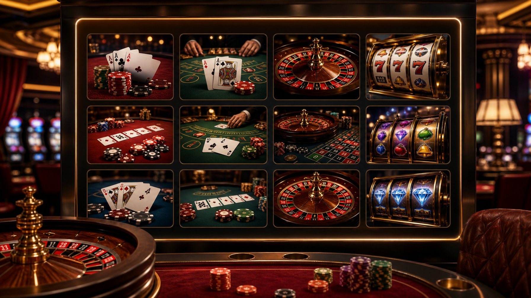 A Digital Display Showing Realistic Casino Game Thumbnails Including Poker, Blackjack, Roulette, And Slot Machines In A Sophisticated Casino Setting.