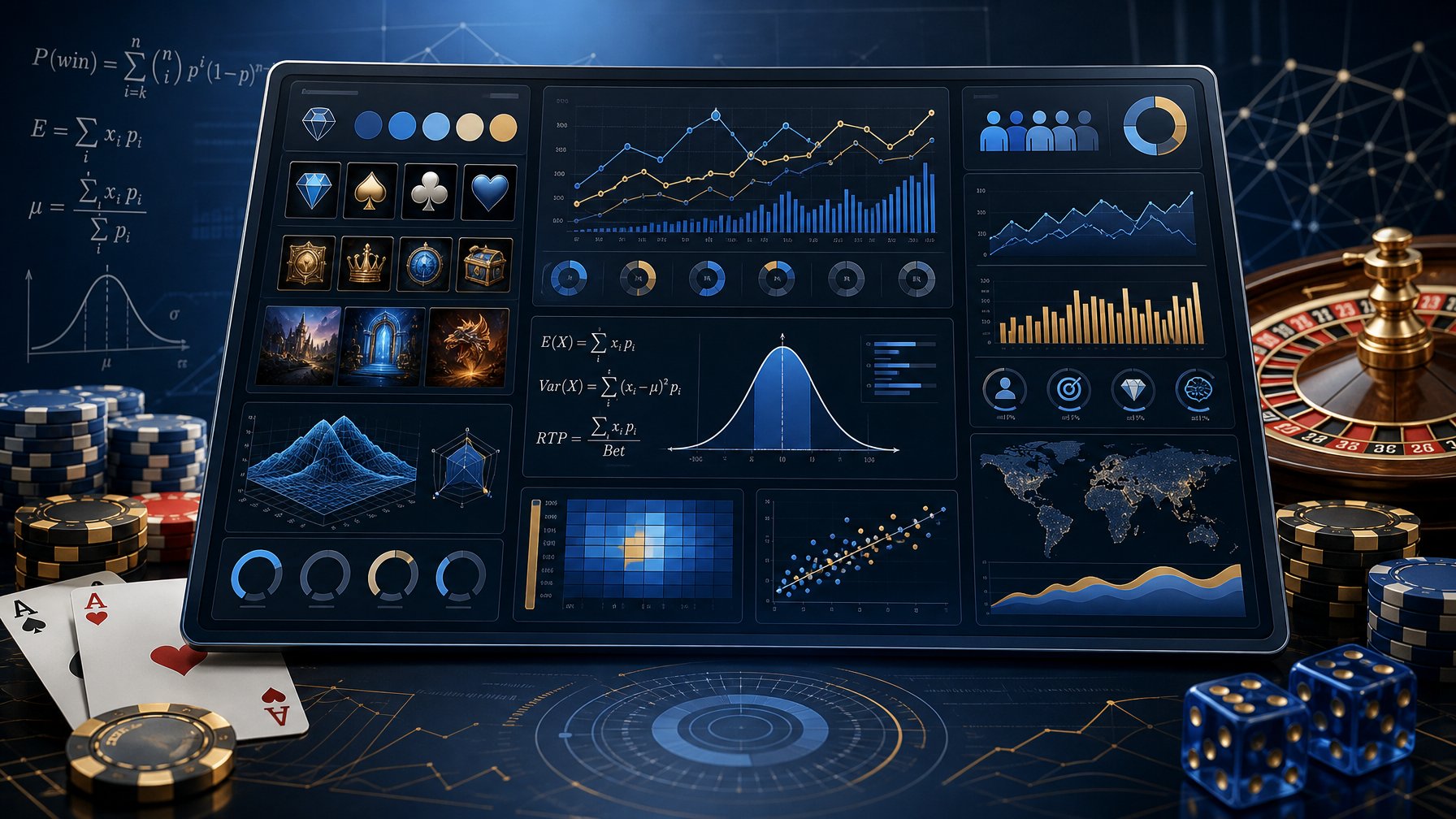 A Digital Dashboard Showing Charts And Graphs Related To Casino Game Design, Surrounded By Playing Cards, Roulette Wheels, And Poker Chips.