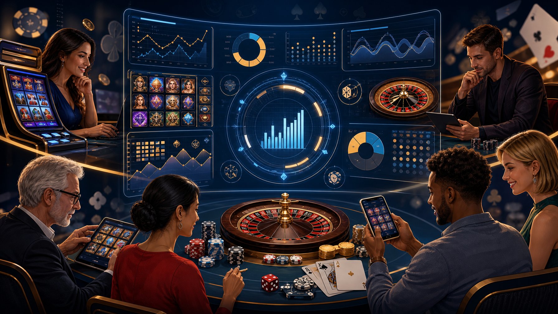 A Digital Dashboard Showing Casino Games With Charts And Diverse Players Interacting With The Games.