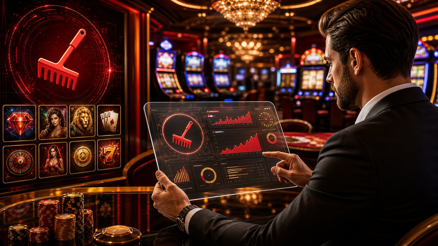 A Person Reviewing Casino Game Data On A Digital Tablet With Slot Machines And Card Games In The Background, Featuring A Red Rake Icon As Part Of The Design.