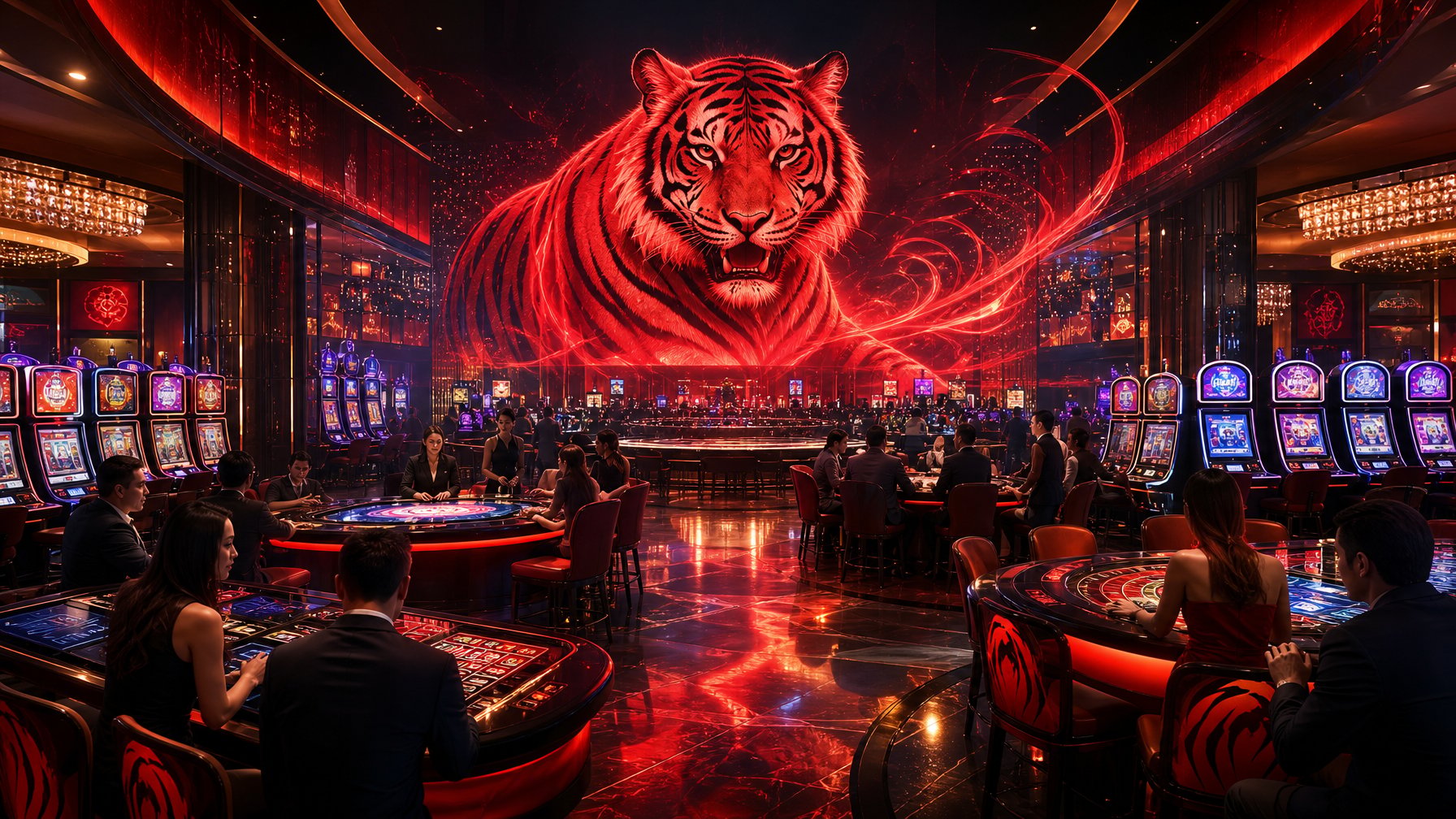 A Vibrant Casino Scene With Glowing Slot Machines And A Stylized Red Tiger Emblem Integrated Into The Background.