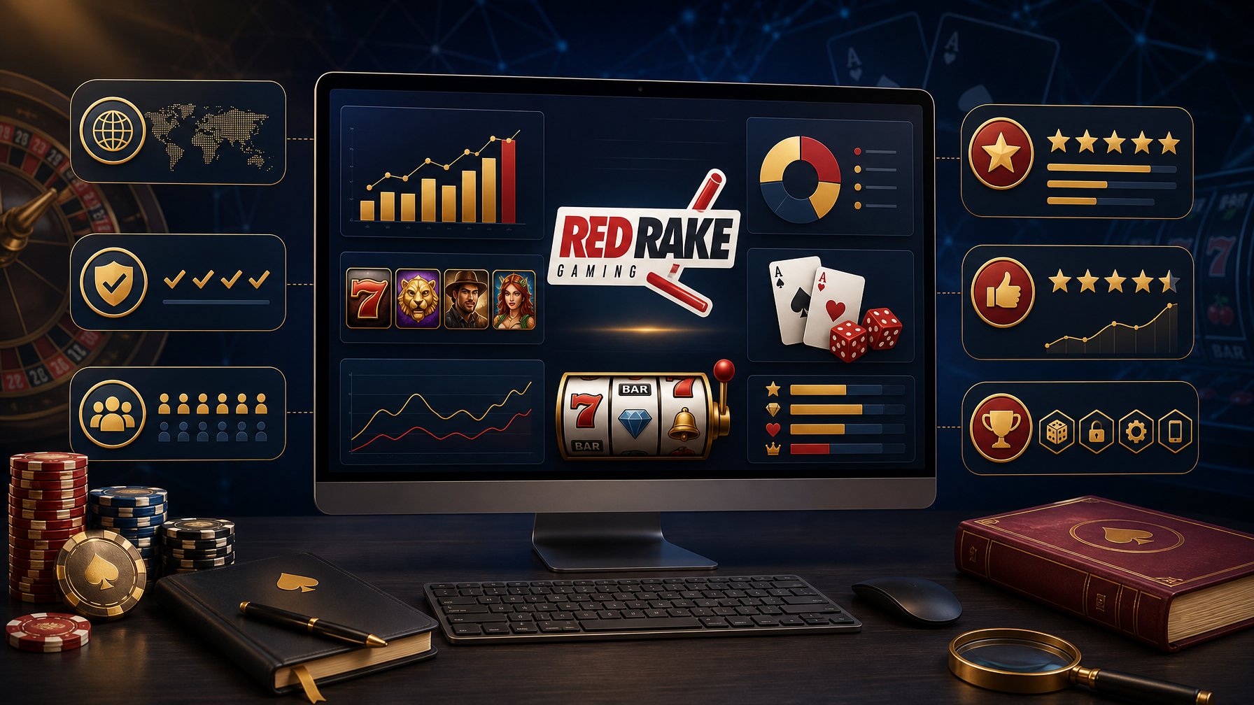 A Modern Workspace With A Computer Displaying Charts And Casino Game Icons Like Slot Reels, Playing Cards, And Dice, Surrounded By Symbols Representing Ratings And Key Facts.