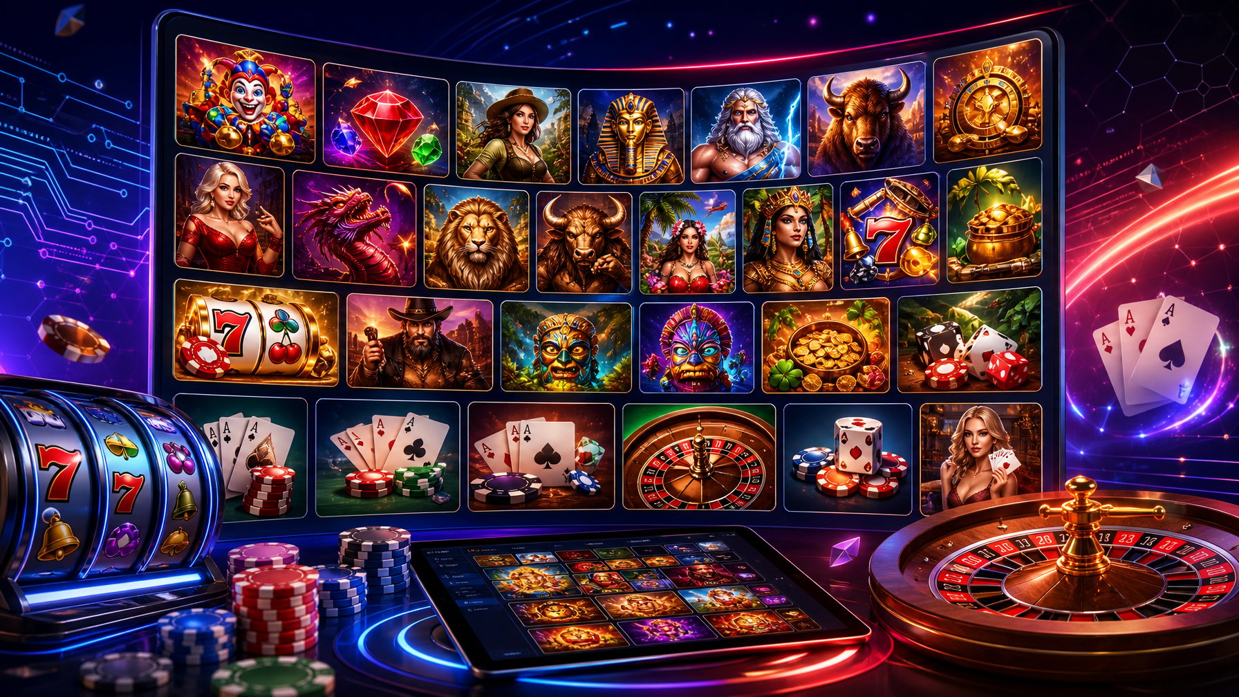 A Digital Display Showing A Variety Of Colorful Casino Game Icons Including Slot Machines, Card Games, And Roulette Wheels Arranged In An Engaging Layout.