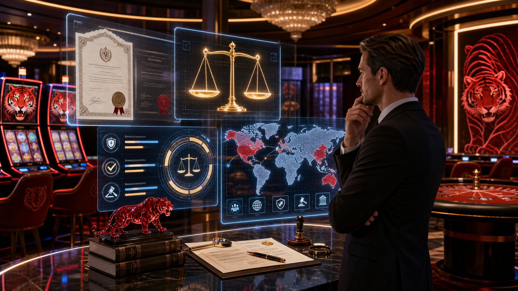A Business Professional Reviewing Digital Displays Showing Licensing Certificates, Fairness Scales, And Global Market Maps In A Modern Casino Setting With Red TigerThemed Gaming Machines.
