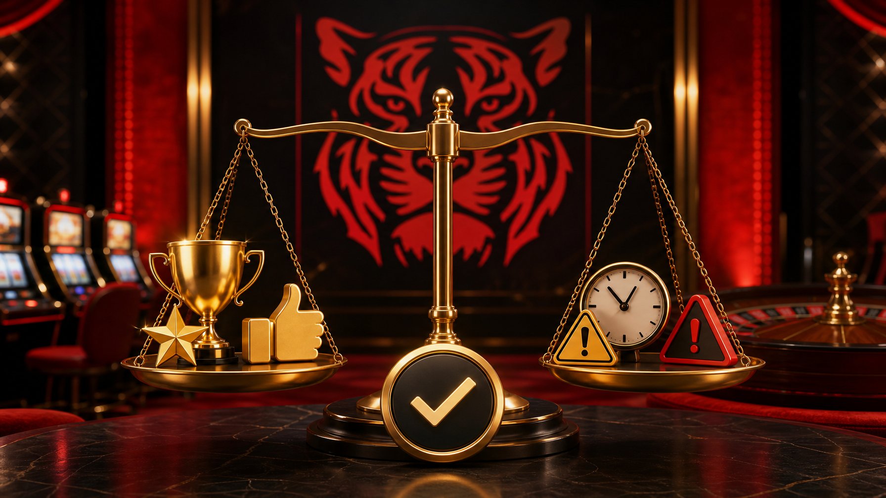 A Balanced Scale With Icons Representing Strengths On One Side And Limitations On The Other, Set In A Modern Casino Environment With A Subtle Red Tiger Emblem In The Background.