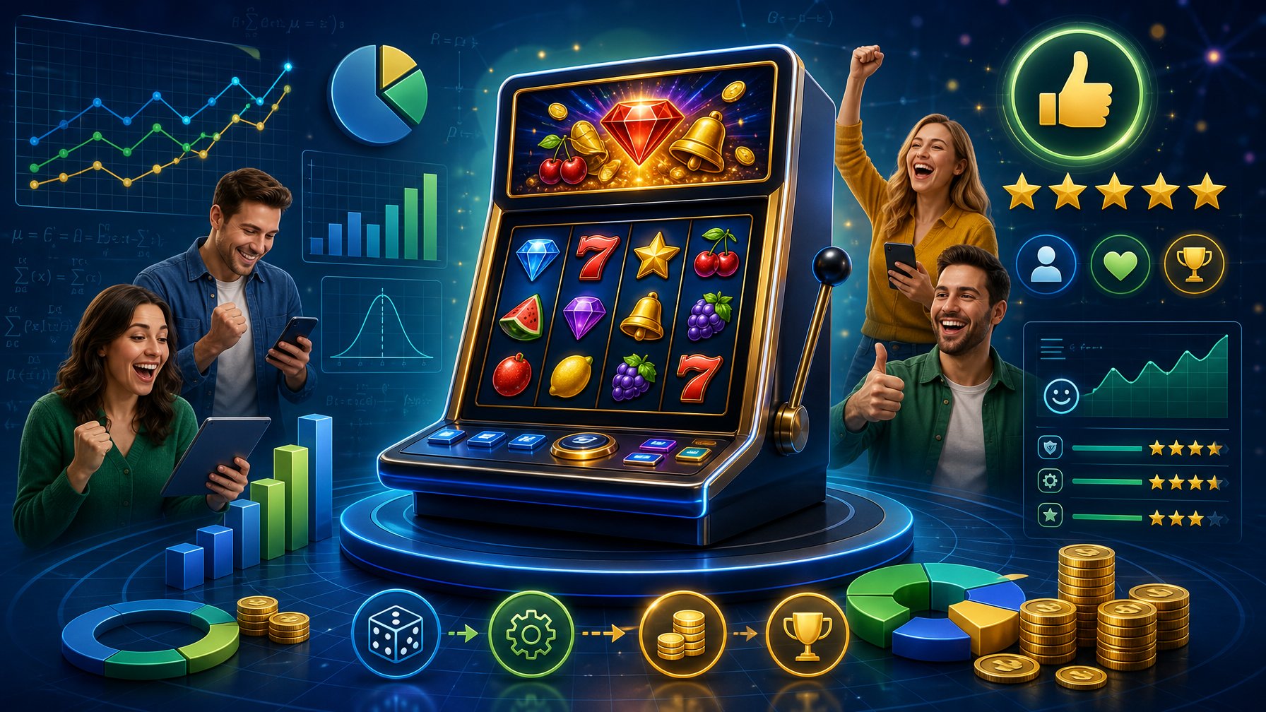 An Illustration Showing A Slot Machine Surrounded By Charts And Happy Players, Representing Casino Game Review And Player Experience.
