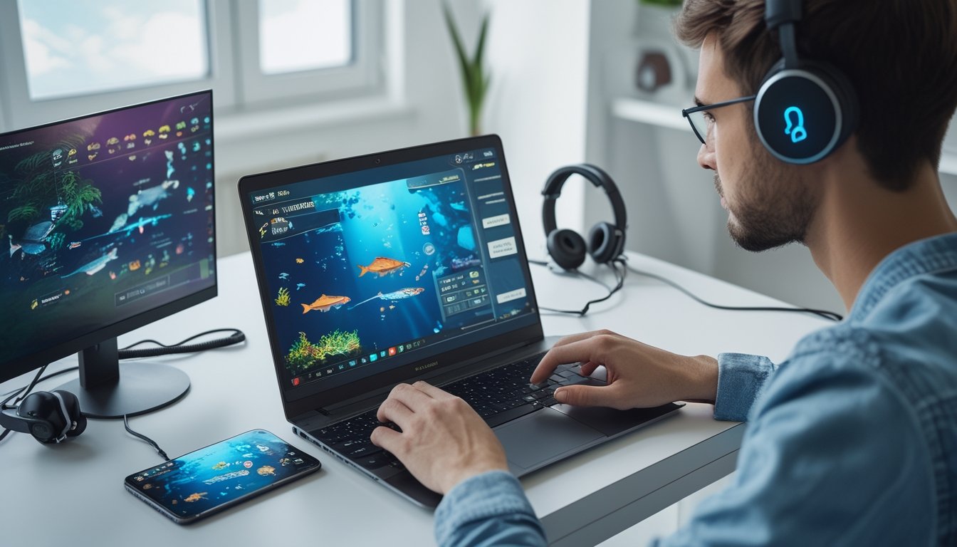Seseorang menggunakan laptop di meja kerja yang rapi untuk mendaftar permainan tembak ikan online dengan grafik ikan berwarna-warni di layar.