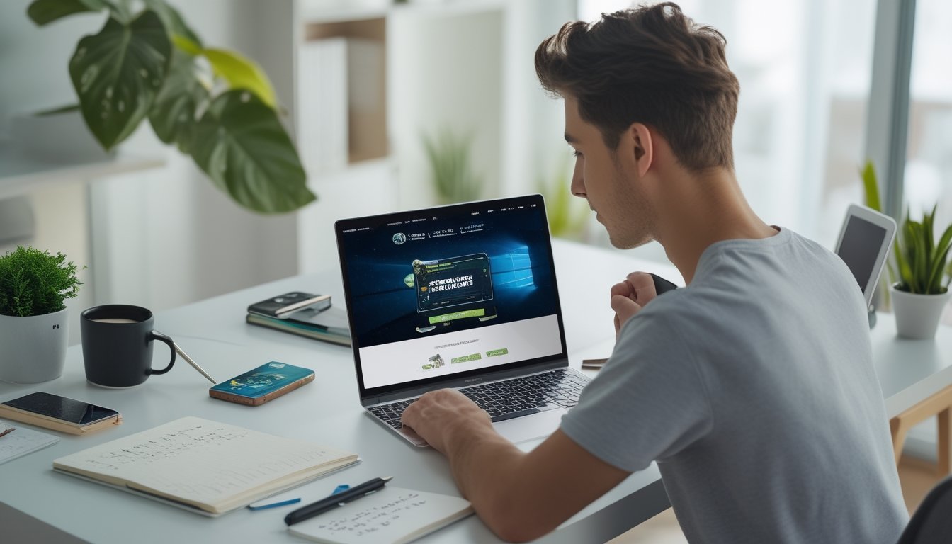 Seseorang duduk di meja dengan laptop terbuka, mempersiapkan diri sebelum mendaftar game tembak ikan online.