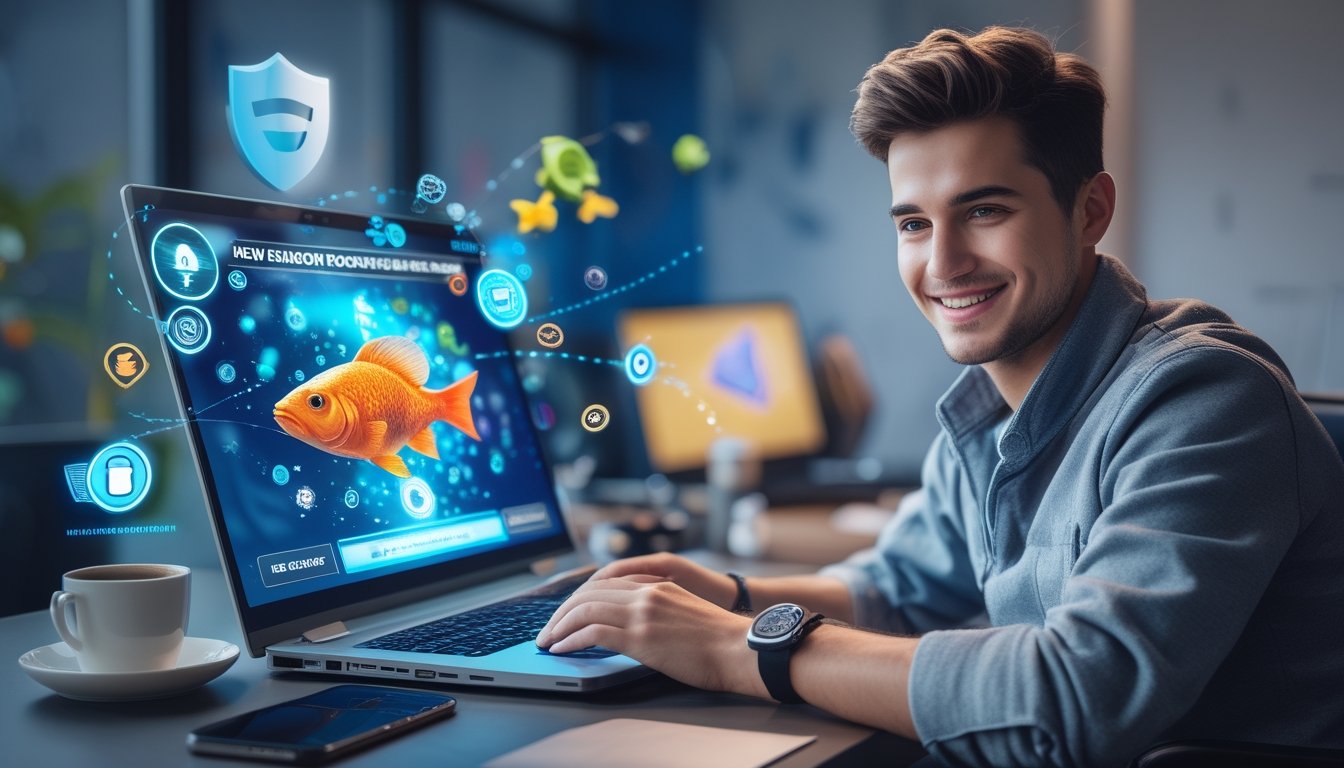 Seseorang duduk di depan laptop dengan permainan tembak ikan di layar, menunjukkan suasana aman dan nyaman untuk bermain judi online.