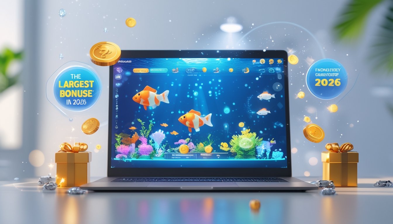 Seorang pemain menggunakan komputer dengan layar menampilkan permainan tembak ikan berwarna-warni dan elemen bonus di sekitarnya dalam ruangan yang terang.