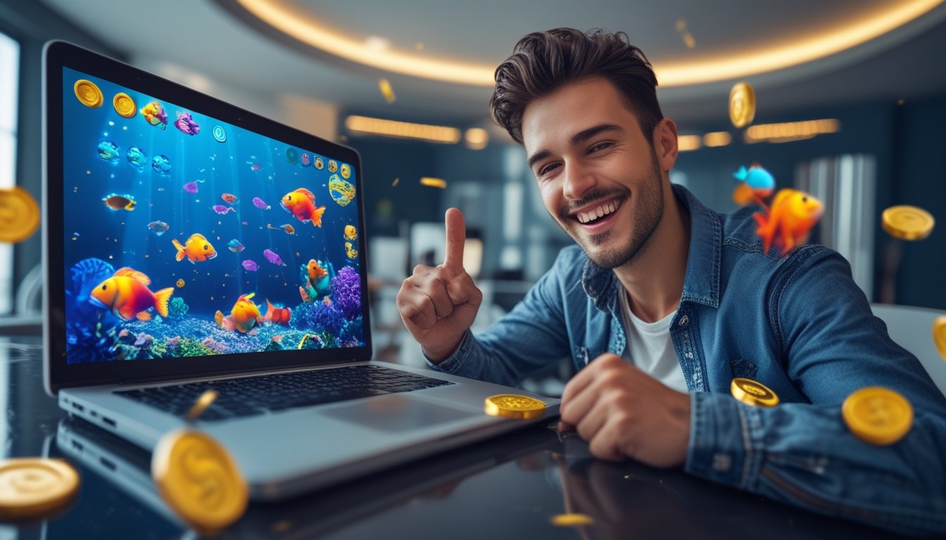 Seorang pria muda tersenyum gembira sambil bermain permainan tembak ikan di laptop di dalam ruangan yang terang dan modern.