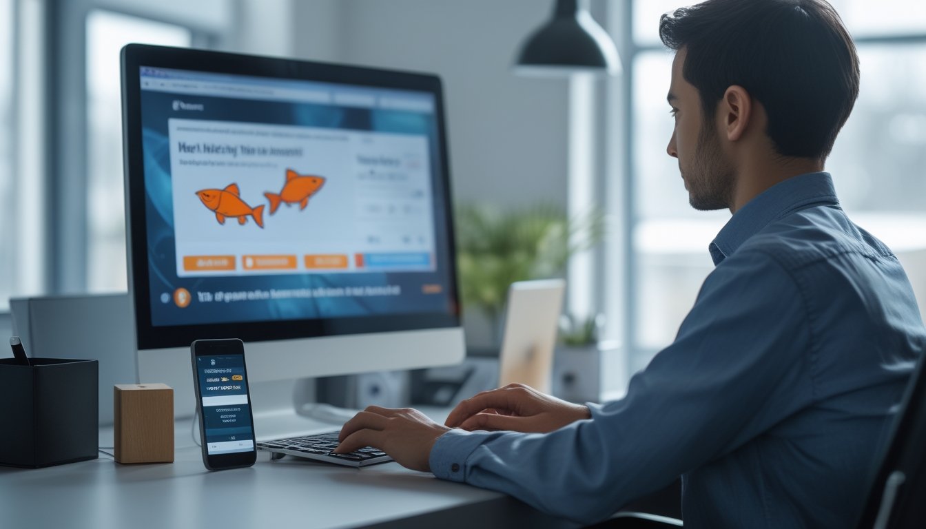 Seseorang sedang memverifikasi akun online menggunakan komputer di meja kerja dengan ponsel di sampingnya.