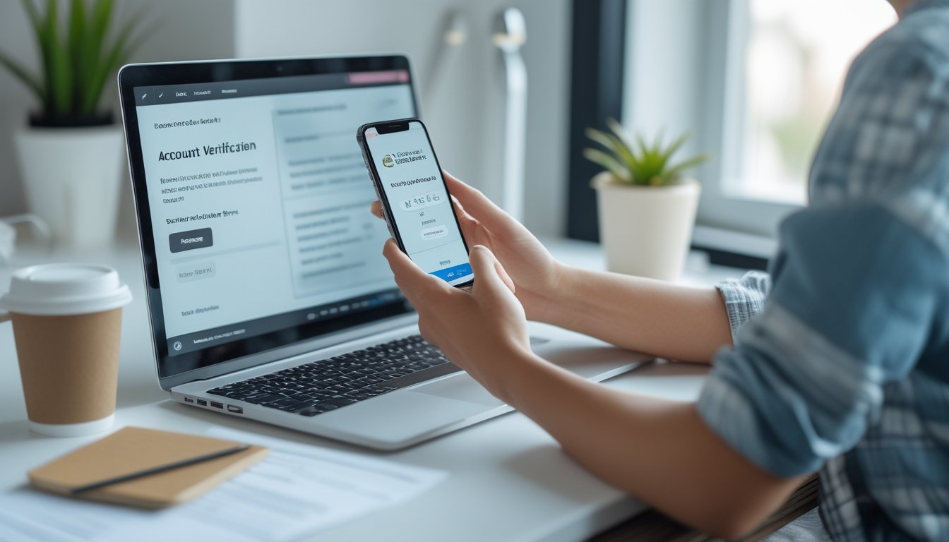 Seseorang duduk di meja dengan laptop dan ponsel, sedang melakukan proses verifikasi akun secara online.