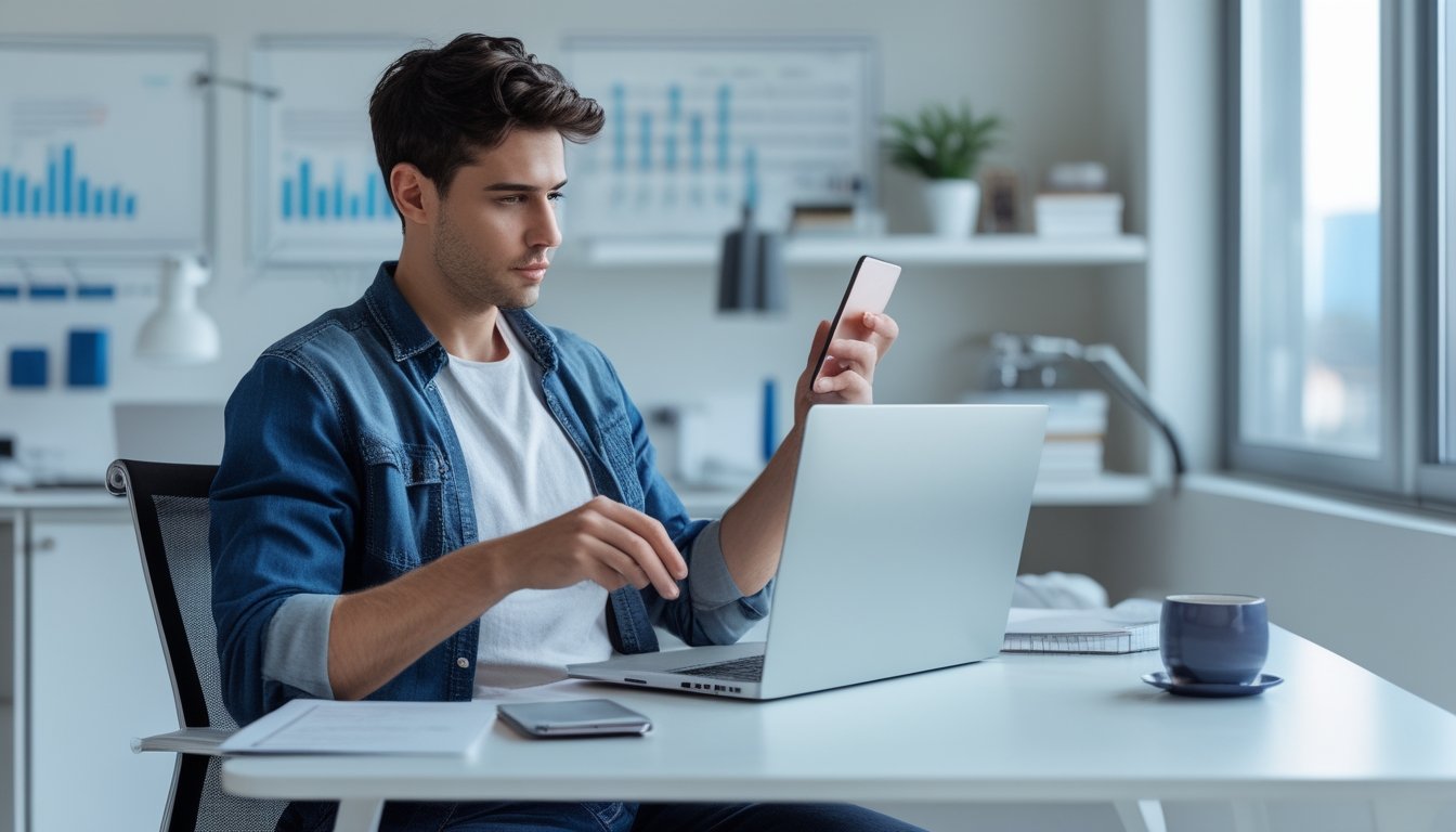 Seseorang sedang menggunakan laptop dan ponsel di meja kerja modern dengan cahaya alami dari jendela besar.