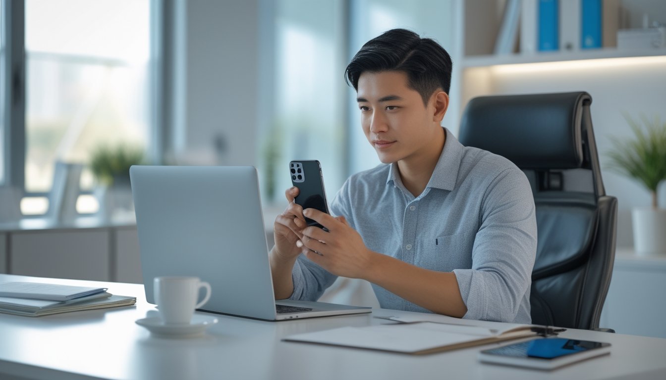Seorang pria muda sedang duduk di meja dengan laptop dan ponsel, terlihat fokus dan bekerja di ruang kantor yang terang dan rapi.