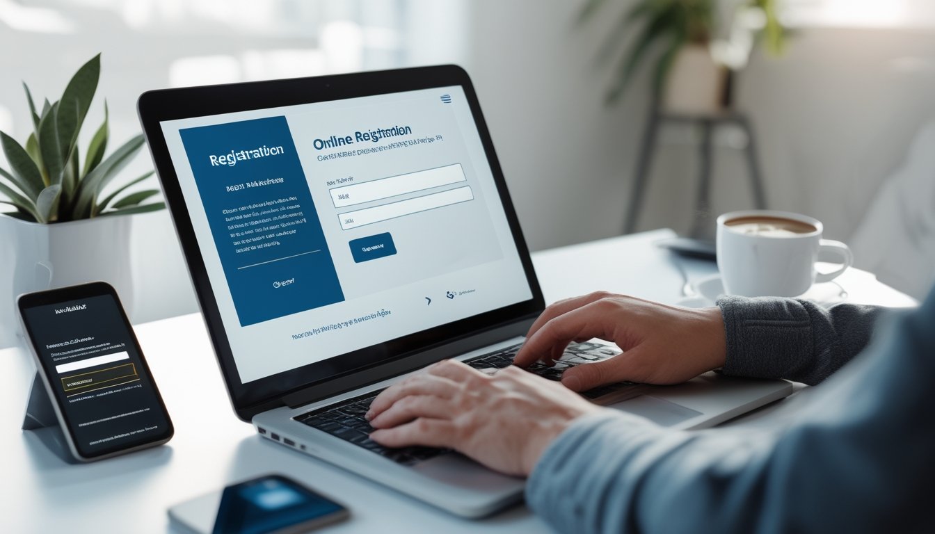 Seseorang sedang mengetik di laptop dengan formulir pendaftaran online di layar, di meja juga terdapat ponsel dan secangkir kopi.