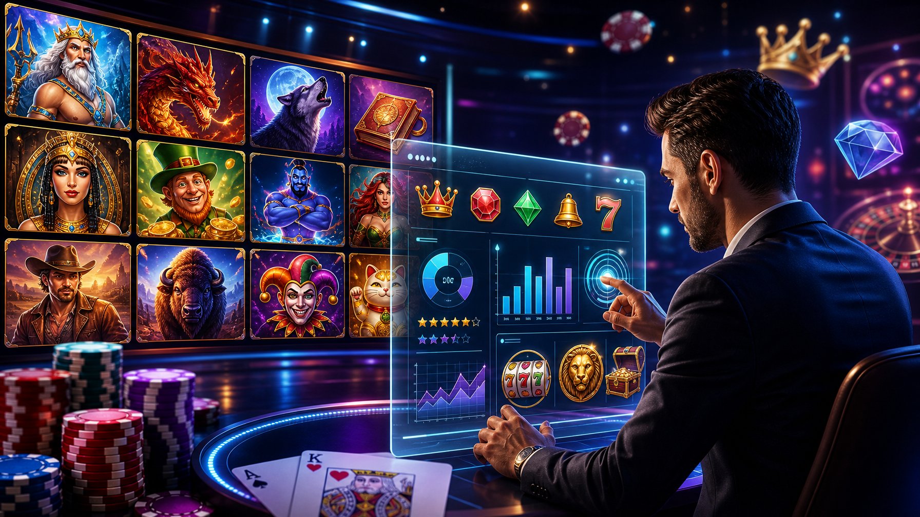 A Person Reviewing Casino Game Icons And Data On A Futuristic Touchscreen Surrounded By Poker Chips And Playing Cards.